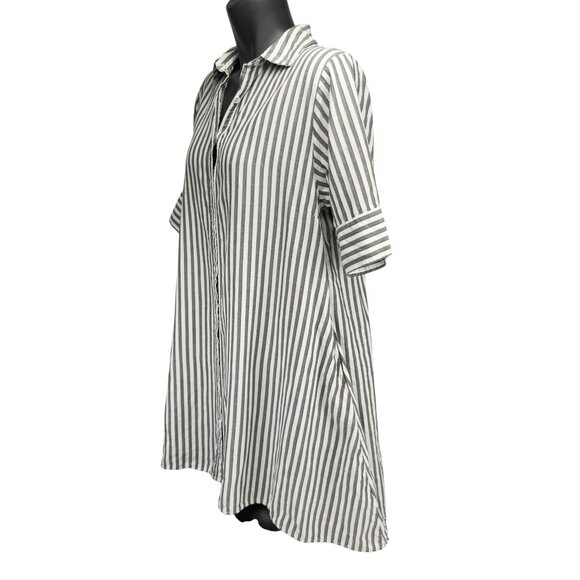 UCHUU Dresses & Skirts - UCHUU Striped Linen-Blend Relaxed Fit Gray White Shirt Dress Tunic US 14 Int XL
